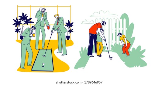 Respectable Men in Business Suit Playing Mini Golf in Office with Colleagues or Assistants. Family Characters Father with Children Play at House Yard Dad Teach Kids. Linear People Vector Illustration