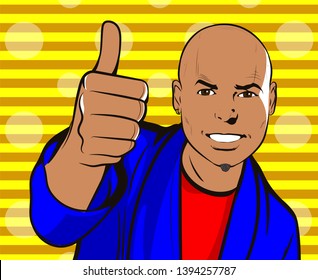 Respectable young African American business man in blue suit show thumb up, like sign. EPS Vector, Retro Comic book cartoon Pop Art  vintage Illustration