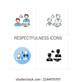 Respectfulness icons set. Respect between communicators.Strong personality. Effective communication.Collection of icons in linear, filled, color styles.Isolated vector illustrations