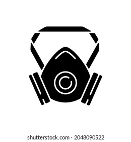 Respirator black glyph icon. Protective wear from virus infection. Air filter to prevent flu spread. Quarantine safety. Disposable PPE. Silhouette symbol on white space. Vector isolated illustration