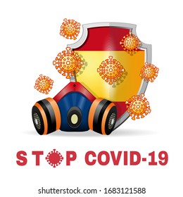 Respirator and coronavirus bacteria on the background of a shield with the image of the flag of Spain. Stop coronavirus Covid-19 concept design. Vector illustration