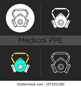 Respirator dark theme icons set. Protective wear from infection. Facial mask for safe breathing. Disposable PPE. Linear white, solid glyph and RGB color styles. Isolated vector illustrations