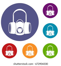 Respirator icons set in flat circle reb, blue and green color for web