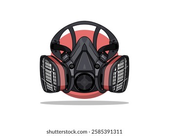 Respirator illustration design, protective equipment for breathing from airborne contaminants or chemical exposure, Reusable half-mask, realistic vector outline black on circle and green background