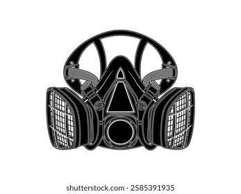 Respirator illustration design, protective equipment for breathing from airborne contaminants or chemical exposure, Reusable half-mask, realistic vector black and white style