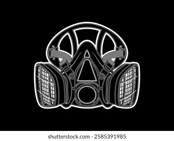 Respirator illustration design, protective equipment for breathing from air contaminants or chemical exposure, Reusable half-mask, realistic vector black and white sticker style on black background