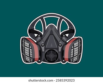 Respirator illustration design, protective equipment for breathing from airborne contaminants or chemical exposure, Reusable half-mask, realistic vector sticker style on green background