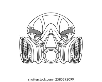 Respirator illustration design, protective equipment for breathing from airborne contaminants or chemical exposure, Reusable half-mask, realistic vector with black outline only on white background