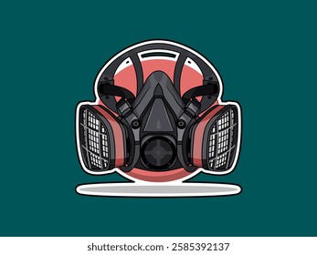 Respirator illustration design, protective equipment for breathing from airborne contaminants or chemical exposure, Reusable half-mask, realistic vector black outline sticker style on green background