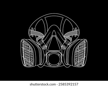 Respirator illustration design, protective equipment for breathing from airborne contaminants or chemical exposure, Reusable half-mask, realistic vector with white outline only on black background