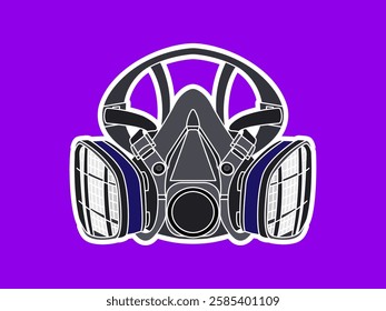 Respirator illustration design, protective equipment for breathing from airborne contaminants or chemical exposure, Reusable half-mask, realistic vector with sticker style on purple background