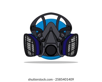 Respirator illustration design, protective equipment for breathing from airborne contaminants or chemical exposure, Reusable half-mask, realistic vector black outline on circle background