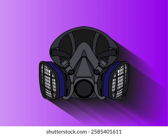 Respirator illustration design, protective equipment for breathing from airborne contaminants or chemical exposure, Reusable half-mask, realistic vector with shadow on gradient purple background