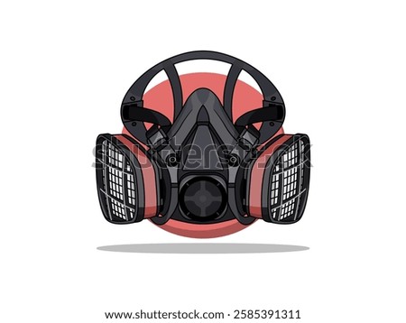 Respirator illustration design, protective equipment for breathing from airborne contaminants or chemical exposure, Reusable half-mask, realistic vector outline black on circle and green background