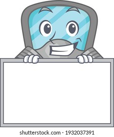 Respirator mask cartoon design style standing behind a board