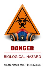 Respirator on the background of an orange triangular sign with a biohazard symbol. Danger. Biological hazard icon. Vector illustration