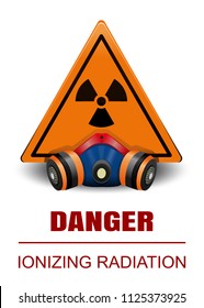 Respirator on the background of an orange triangular sign with a ionizing radiation symbol. Danger. Radiation hazard icon. Symbol of radioactive threat alert. Vector illustration