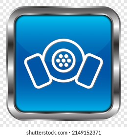 Respirator simple icon. Flat design. Metal, blue square button. Transparent grid.ai