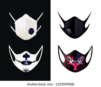 Respirators, filter medical protective masks. Vector. Protection against covid and contagious diseases. Masks with decorative patterns and graphic elements. Wearing protective masks is mandatory.