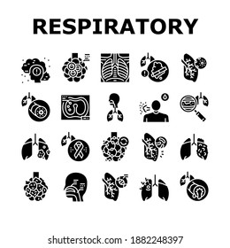 Respiratory Disease Collection Icons Set Vector. Lungs Infection, Asthma And Tuberculosis, Bronchiectasis And Cystic Fibrosis Respiratory Ill Glyph Pictograms Black Illustrations
