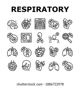 Respiratory Disease Collection Icons Set Vector. Lungs Infection, Asthma And Tuberculosis, Bronchiectasis And Cystic Fibrosis Respiratory Ill Black Contour Illustrations