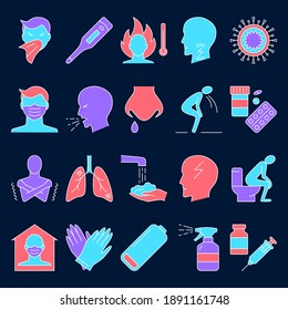 Respiratory disease icon set in line style. Flu and coronavirus signs collection. Vector illustration.
