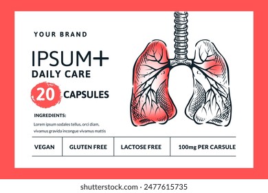 Respiratory disease, inflammation, pulmonary pain, pneumonia concept. Capsules or pills package, label, sticker, banner design template. Vector hand drawn sketch human lungs organs