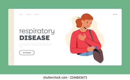Respiratory Disease Landing Page Template. Female Character with Asthma Attack Taking Inhaler from Bag Trying to Help herself. Chronic Illness Medical Concept. Cartoon People Vector Illustration