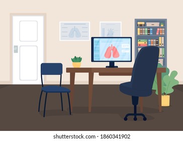 Respiratory doctor office flat color vector illustration. Pulmonology, pneumology checkup. Clinical diagnostic. Chest medicine. Hospital 2D cartoon interior with physician desk on background