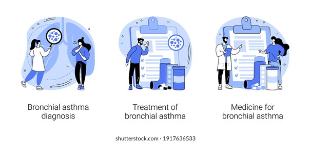 Respiratory illness abstract concept vector illustration set. Bronchial asthma diagnosis, treatment and medicine, shortness of breath, breathing attack, allergy cough, healthcare abstract metaphor.