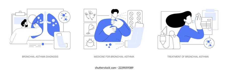 Abstraktes Konzept für Atemwegserkrankungen, Vektorgrafik-Set. Bronchiale Asthmadiagnose, Medizin und Behandlung, Inhalator und Vernebler, Atemanfall, Allergie-Husten, puffer abstrakte Metapher.