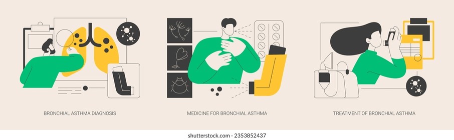 Abstraktes Konzept für Atemwegserkrankungen, Vektorgrafik-Set. Bronchiale Asthmadiagnose, Medizin und Behandlung, Inhalator und Vernebler, Atemanfall, Allergie-Husten, puffer abstrakte Metapher.