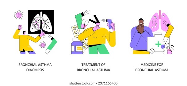 Respiratory illness abstract concept vector illustration set. Bronchial asthma diagnosis, treatment and medicine, shortness of breath, breathing attack, allergy cough, healthcare abstract metaphor.