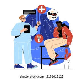 Respiratory Illness Concept. Doctor Assesses Health Of Patient. Man Checks Her Lungs For Viruses. Asthma And Tuberculosis, Breathing Problems, Regular Visit. Cartoon Flat Vector Illustration