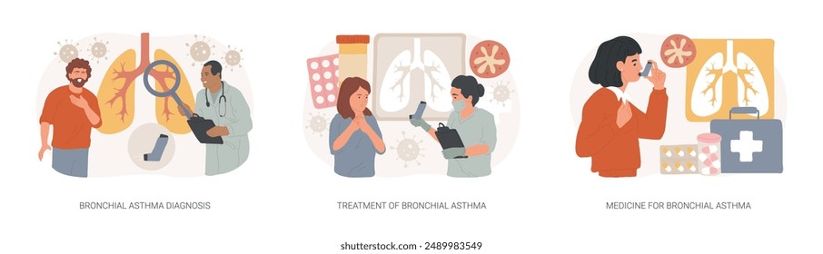 Conjunto de Ilustración vectorial de concepto aislado de enfermedad respiratoria. Diagnóstico del asma bronquial, tratamiento y medicina, falta de aliento, ataque respiratorio, tos alérgica, concepto de Vector de salud.