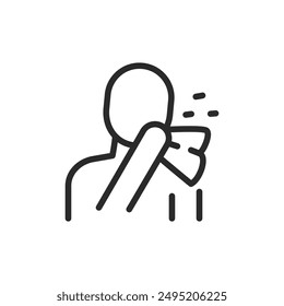 Respiratory illness, linear style icon. Person blowing nose and sneezing. Editable stroke width