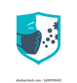 Respiratory mask icon  - mouth guard that blocking dangerous viruses transmitted by airborne droplets - human face inside protection shield - vector pictogram