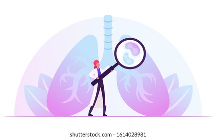 Respiratory Medicine, Healthcare and Pulmonology Concept. Doctor Checking Human Lungs with Magnifying Glass Search Pathology. Medical Pulmonological Care, Anatomy. Cartoon Flat Vector Illustration