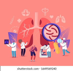 Respiratory Medicine Pulmonology Healthcare Concept. Doctors Check Human Tuberculosis Or Pneumonia Lungs With Magnifying Glass, Make X-ray. Medical Pulmonological Care. Cartoon Vector Illustration