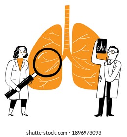 Respiratory Medicine Pulmonology Healthcare Concept. Doctors Check Human Tuberculosis or Pneumonia Lungs with Magnifying Glass, Make X-ray. Medical Pulmonological Care. Vector Illustration