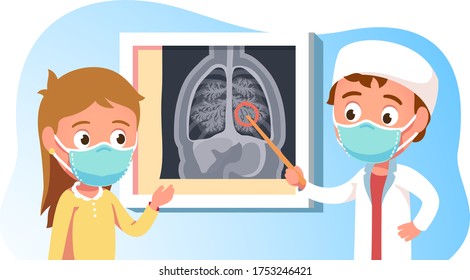 Respiratory physician doctor showing lungs CT scan to kid person in mask. COVID-19 coronavirus pneumonia or cancer computer diagnostics. Corona virus pandemic lung damage. Flat vector illustration