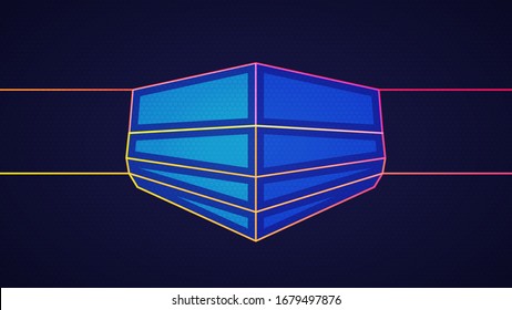 Respiratory protection background. Vector illustration of glowing neon colored medical face mask and hexagonal grid pattern