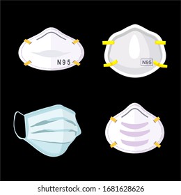 
Máscara protectora respiratoria con un diseño plano. Protección contra el polvo, los virus y las bacterias infecciosas. una colección de máscaras respiratorias sobre fondo negro.