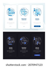 Respiratory rehab day, night onboarding mobile app page screen. Walkthrough 3 steps graphic instructions with concepts. UI, UX, GUI vector template with linear night and day mode illustrations