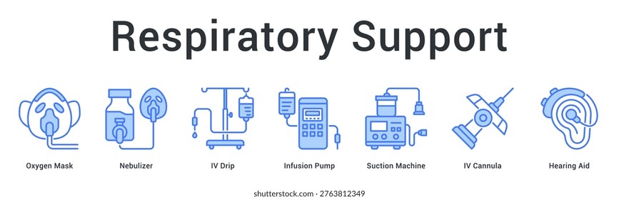Respiratory support banner web icon provides breathing assistance and airway management for patient respiratory care.