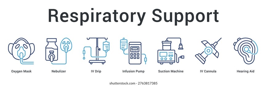 Respiratory support banner web icon provides breathing assistance and airway management for patient respiratory care.