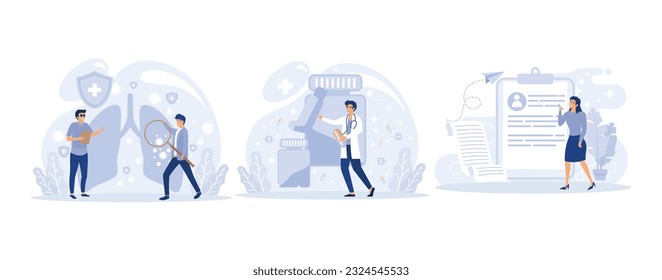 Respiratory system disease. Bronchial asthma diagnosis, medicine and treatment, set flat vector modern illustration