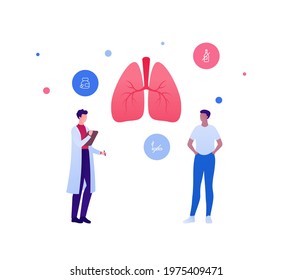 Respiratory System Disease Treatment And Healthcare Checkup Concept. Vector Flat Medical People Illustration. Human Lung And No Smoking Sign. Doctor And Patient Character. Design For Health Care.