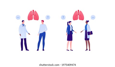 Respiratory system disease treatment and healthcare checkup concept. Vector flat medical person illustration set. Human lung sign. Male and female doctor and patient character. Design for health care.