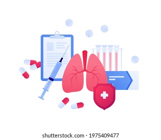 Respiratory system disease treatment and research concept. Vector flat medical illustration. Human lung organ, vaccine syringe, lab test tube and box of pills sign. Design for health care.